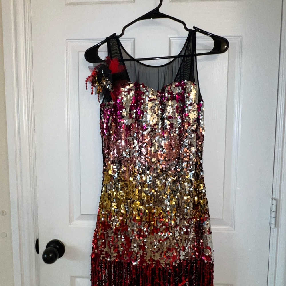 Curtain Call Multicolor Sequin Jazz Dance Dress with Black Mesh